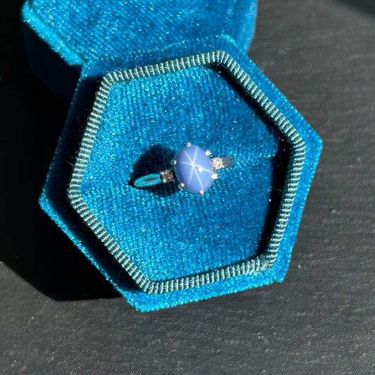 Star Sapphire & Diamond White Gold Ring 14k